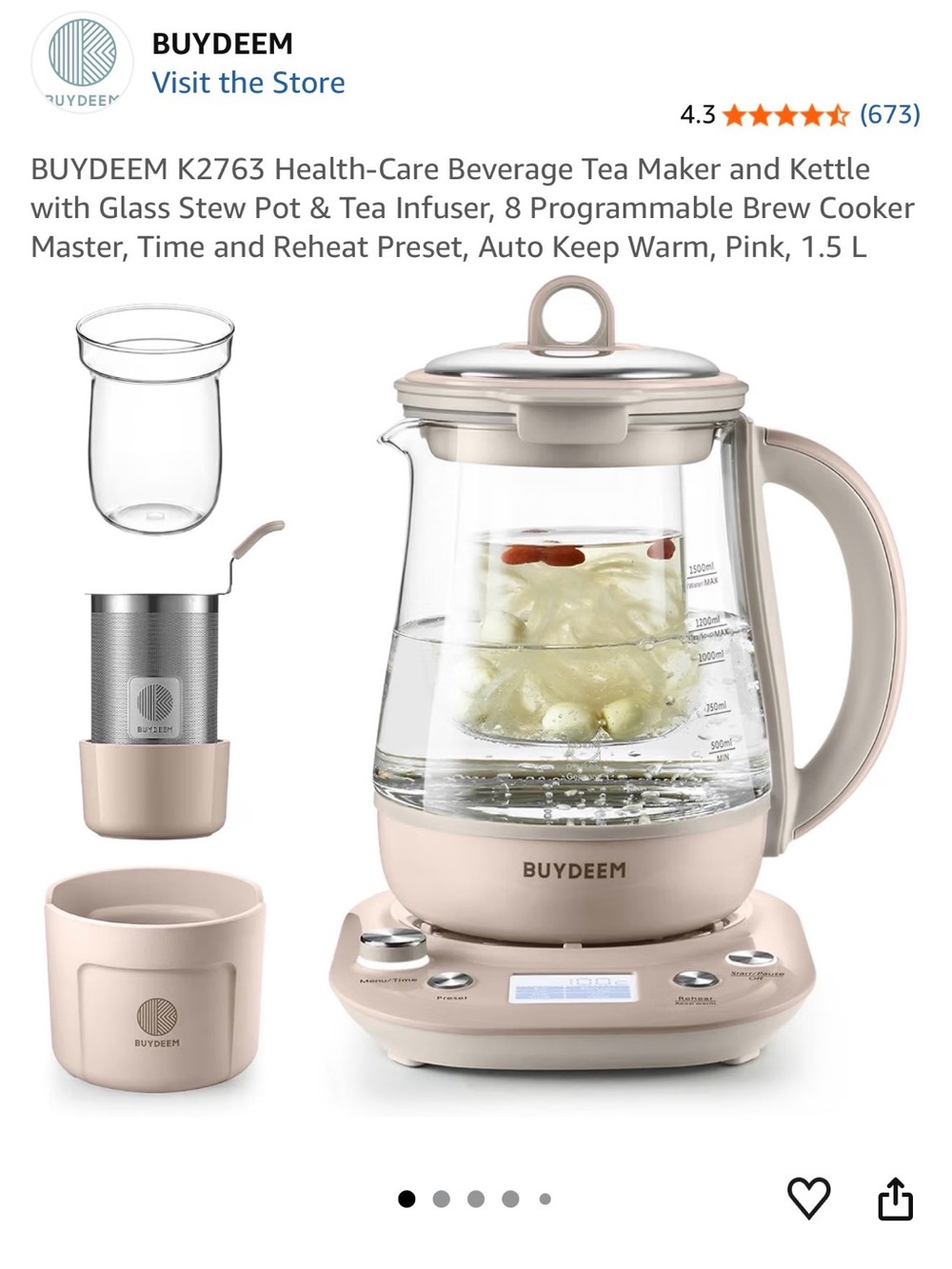 Pink Glass Electric Tea Maker Kettle with Infuser